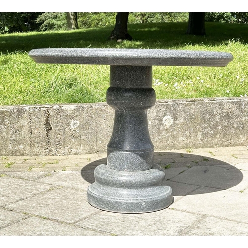 118 - GARDEN CENTRE TABLE, vintage weathered granite with column and plinth (in three sections), 91cm W x ... 