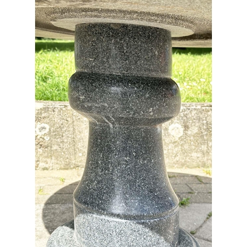 118 - GARDEN CENTRE TABLE, vintage weathered granite with column and plinth (in three sections), 91cm W x ... 