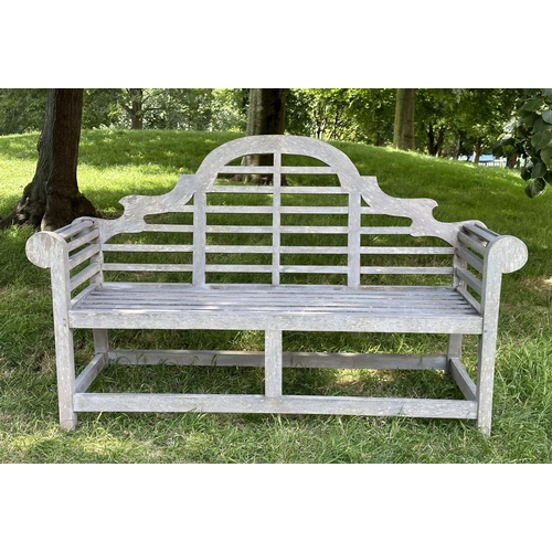 122 - LUTYENS STYLE GARDEN BENCH, well weathered slatted teak after the design by Sir Edwin Lutyens, 165cm... 