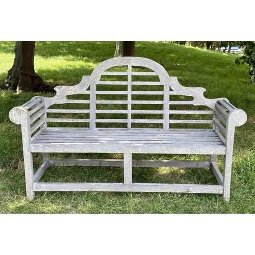 122 - LUTYENS STYLE GARDEN BENCH, well weathered slatted teak after the design by Sir Edwin Lutyens, 165cm... 