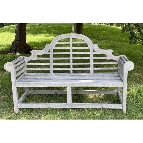 122 - LUTYENS STYLE GARDEN BENCH, well weathered slatted teak after the design by Sir Edwin Lutyens, 165cm... 