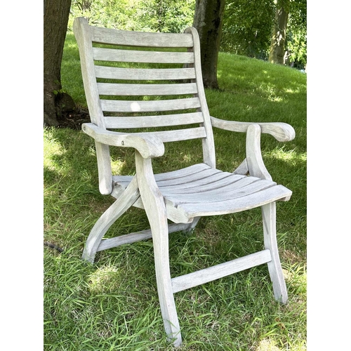 126 - GARDEN ARMCHAIRS BY ALEXANDER ROSE, a pair, weathered teak slatted and folding. (2)