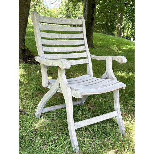 126 - GARDEN ARMCHAIRS BY ALEXANDER ROSE, a pair, weathered teak slatted and folding. (2)