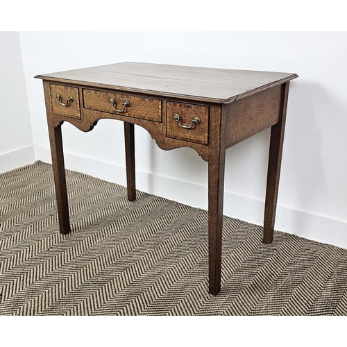 130 - LOWBOY, George III oak and mahogany banded with three drawers, 73cm H x 81cm W x 50cm D.