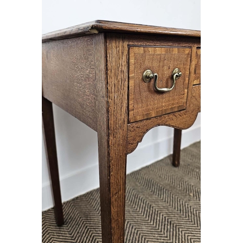 130 - LOWBOY, George III oak and mahogany banded with three drawers, 73cm H x 81cm W x 50cm D.