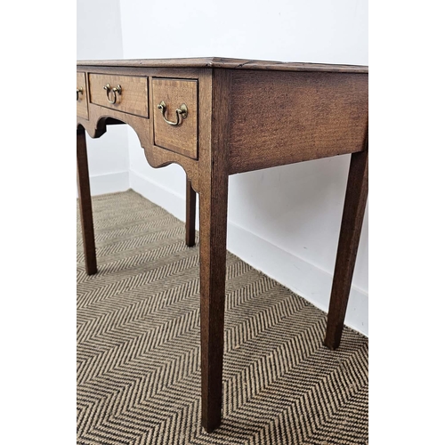 130 - LOWBOY, George III oak and mahogany banded with three drawers, 73cm H x 81cm W x 50cm D.