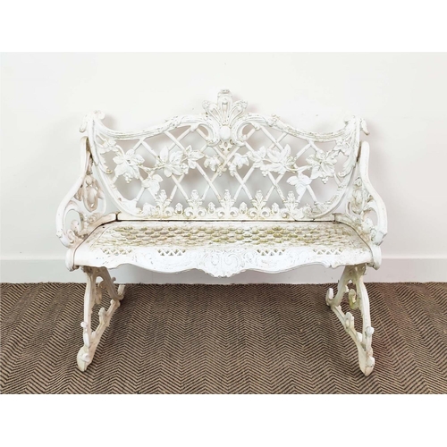 131 - GARDEN BENCH, Coalbrookdale style, white painted cast metal, 85cm H x 95cm W x 54cm D.