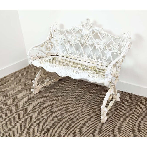 131 - GARDEN BENCH, Coalbrookdale style, white painted cast metal, 85cm H x 95cm W x 54cm D.