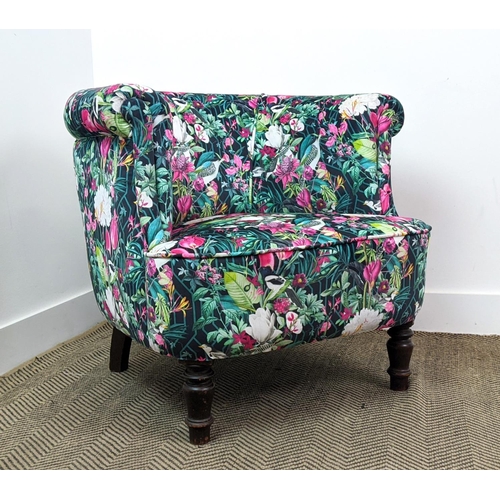 132 - TUB CHAIR, bird and floral patterned velvet, 68cm H x 75cm W x 71cm D.