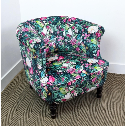 132 - TUB CHAIR, bird and floral patterned velvet, 68cm H x 75cm W x 71cm D.