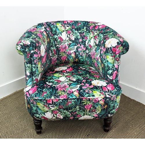 132 - TUB CHAIR, bird and floral patterned velvet, 68cm H x 75cm W x 71cm D.