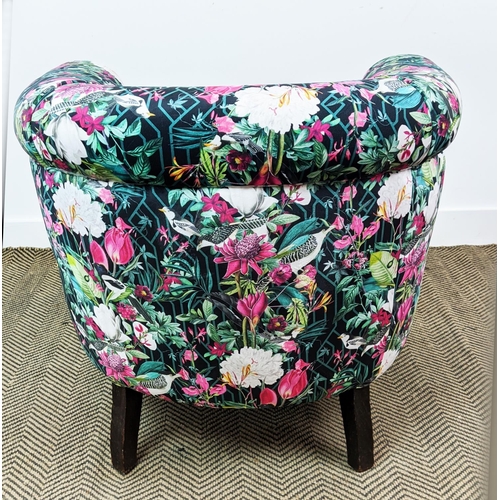 132 - TUB CHAIR, bird and floral patterned velvet, 68cm H x 75cm W x 71cm D.