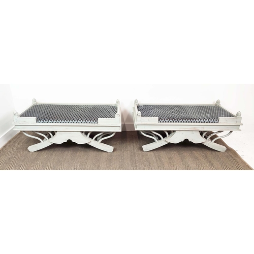 133 - HOWDAH STOOLS, a pair, grey painted, with patterned cut velvet drop in seats, 52cm H x 120cm W x 60c... 