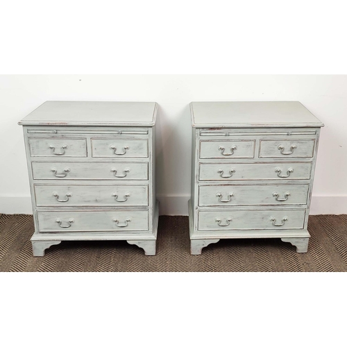 134 - CHESTS, a pair, Georgian style grey painted, each with green leather slide and five drawers, 67cm H ... 