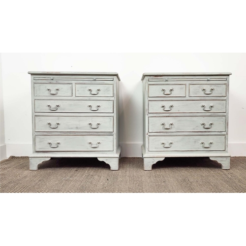 134 - CHESTS, a pair, Georgian style grey painted, each with green leather slide and five drawers, 67cm H ... 