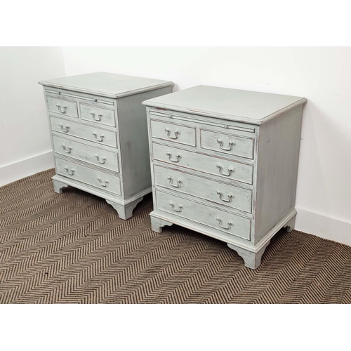 134 - CHESTS, a pair, Georgian style grey painted, each with green leather slide and five drawers, 67cm H ... 