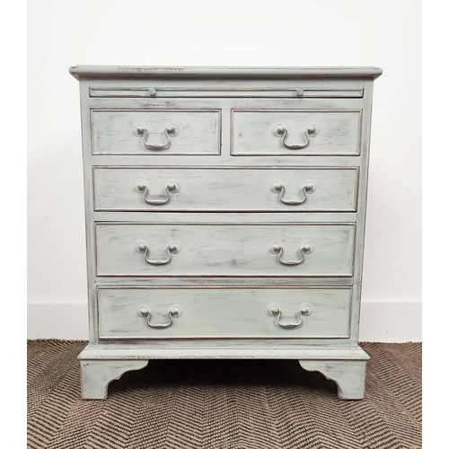 134 - CHESTS, a pair, Georgian style grey painted, each with green leather slide and five drawers, 67cm H ... 