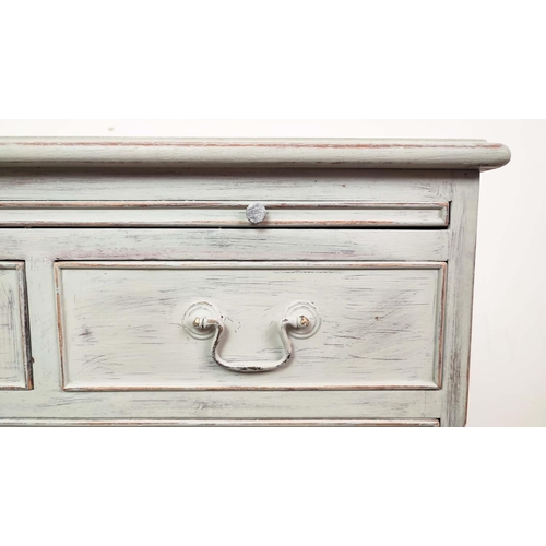 134 - CHESTS, a pair, Georgian style grey painted, each with green leather slide and five drawers, 67cm H ... 