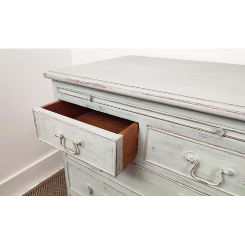 134 - CHESTS, a pair, Georgian style grey painted, each with green leather slide and five drawers, 67cm H ... 