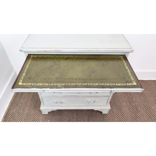 134 - CHESTS, a pair, Georgian style grey painted, each with green leather slide and five drawers, 67cm H ... 