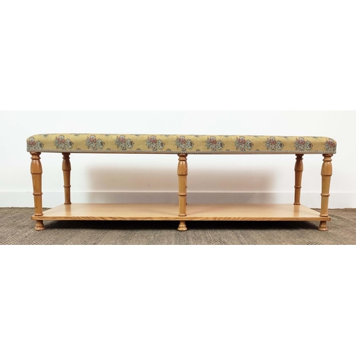 135 - LONG STOOL, pine with yellow patterned upholstery, 47cm H x 150cm W x 45cm D.