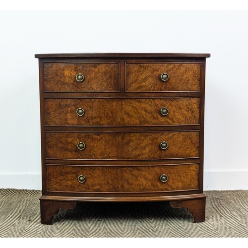 136 - BOWFRONT CHEST, Georgian style burr walnut of five drawers, 77cm H x 77cm W x 49cm D.