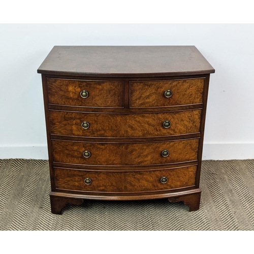 136 - BOWFRONT CHEST, Georgian style burr walnut of five drawers, 77cm H x 77cm W x 49cm D.