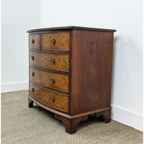 136 - BOWFRONT CHEST, Georgian style burr walnut of five drawers, 77cm H x 77cm W x 49cm D.