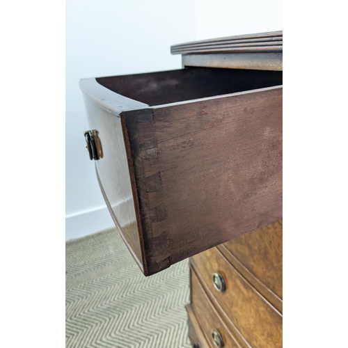 136 - BOWFRONT CHEST, Georgian style burr walnut of five drawers, 77cm H x 77cm W x 49cm D.