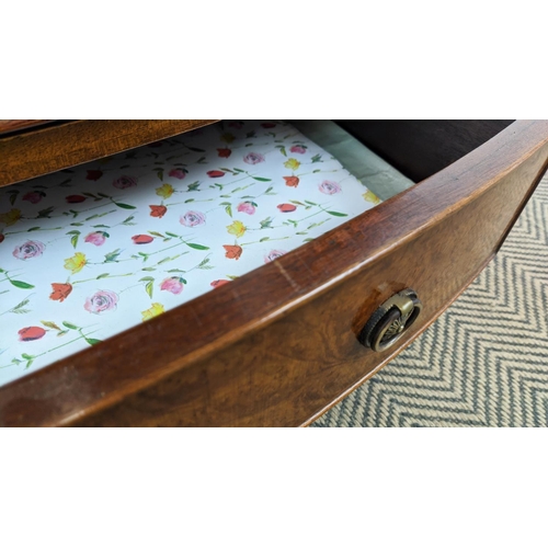 136 - BOWFRONT CHEST, Georgian style burr walnut of five drawers, 77cm H x 77cm W x 49cm D.