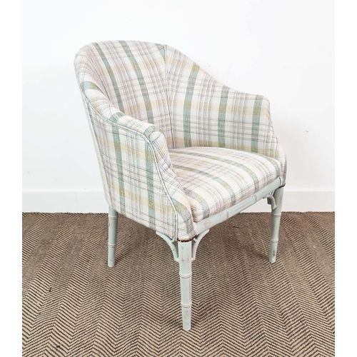 137 - TUB CHAIR, Regency style painted with light check fabric and simulated bamboo legs, 85cm H x 60cm W ... 