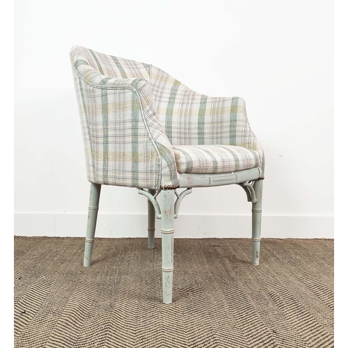 137 - TUB CHAIR, Regency style painted with light check fabric and simulated bamboo legs, 85cm H x 60cm W ... 