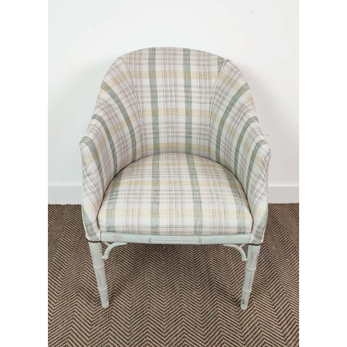 137 - TUB CHAIR, Regency style painted with light check fabric and simulated bamboo legs, 85cm H x 60cm W ... 