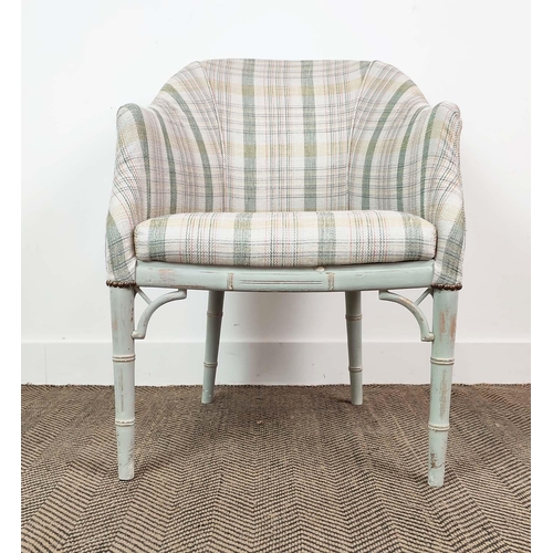 137 - TUB CHAIR, Regency style painted with light check fabric and simulated bamboo legs, 85cm H x 60cm W ... 