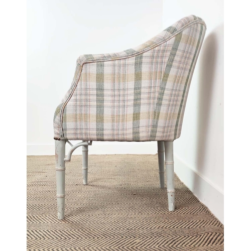 137 - TUB CHAIR, Regency style painted with light check fabric and simulated bamboo legs, 85cm H x 60cm W ... 