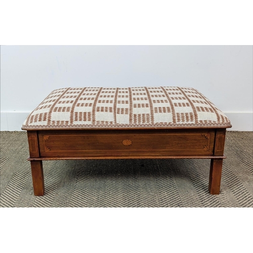 138 - STOOL, part Edwardian mahogany and inlaid with brown and cream upholstery above a drawer to each end... 