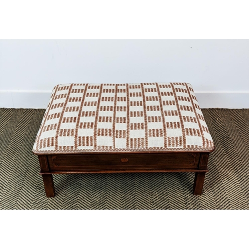 138 - STOOL, part Edwardian mahogany and inlaid with brown and cream upholstery above a drawer to each end... 