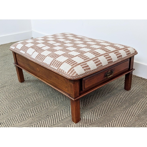 138 - STOOL, part Edwardian mahogany and inlaid with brown and cream upholstery above a drawer to each end... 