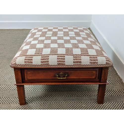 138 - STOOL, part Edwardian mahogany and inlaid with brown and cream upholstery above a drawer to each end... 