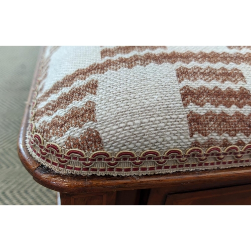 138 - STOOL, part Edwardian mahogany and inlaid with brown and cream upholstery above a drawer to each end... 