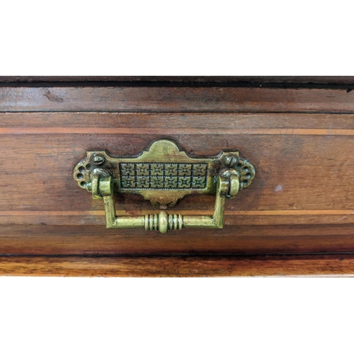 138 - STOOL, part Edwardian mahogany and inlaid with brown and cream upholstery above a drawer to each end... 