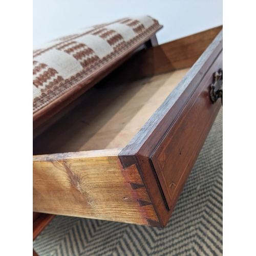 138 - STOOL, part Edwardian mahogany and inlaid with brown and cream upholstery above a drawer to each end... 