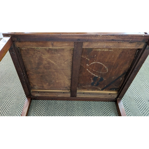 138 - STOOL, part Edwardian mahogany and inlaid with brown and cream upholstery above a drawer to each end... 