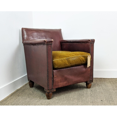 167 - LEATHER ARMCHAIR, mid 20th century with studded detail and velvet seat, 67cm W x 75cm D x 78cm H.