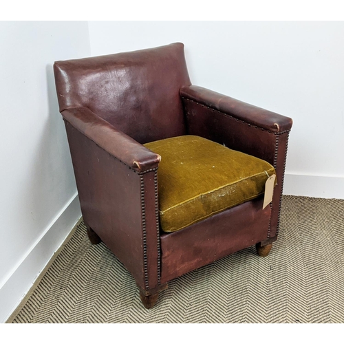 167 - LEATHER ARMCHAIR, mid 20th century with studded detail and velvet seat, 67cm W x 75cm D x 78cm H.