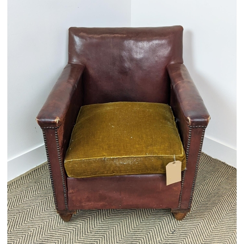 167 - LEATHER ARMCHAIR, mid 20th century with studded detail and velvet seat, 67cm W x 75cm D x 78cm H.