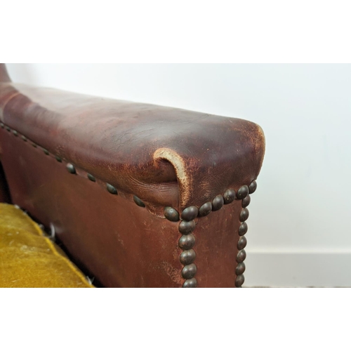 167 - LEATHER ARMCHAIR, mid 20th century with studded detail and velvet seat, 67cm W x 75cm D x 78cm H.