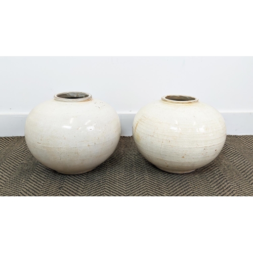 170 - EARTHENWARE POTS, a pair, glazed, each 36cm W x 37cm H. (2)