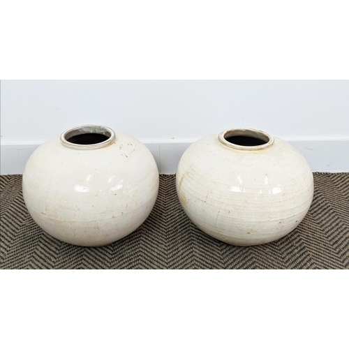 170 - EARTHENWARE POTS, a pair, glazed, each 36cm W x 37cm H. (2)