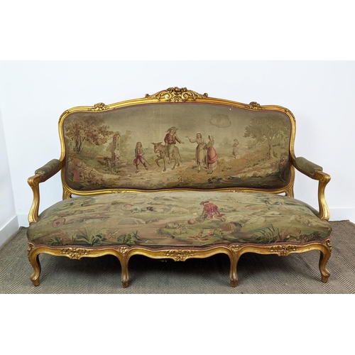 172 - CANAPE, 19th century French with a carved gilt showframe and 18th century tapestry upholstery, 189cm... 